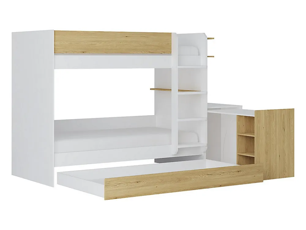 Lit superposé avec tiroir lit gigogne et 2 bureaux 3 x 90 x 190 cm - Coloris : Blanc et naturel - DOMATI>Vente-unique Best