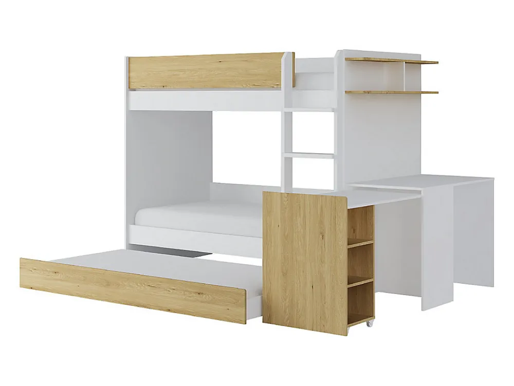Lit superposé avec tiroir lit gigogne et 2 bureaux 3 x 90 x 190 cm - Coloris : Blanc et naturel - DOMATI>Vente-unique Best