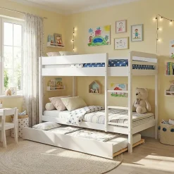 Weber Lit superposé avec tiroir lit - 3 x 90 x 190 cm - Bois Pin massif - Blanc - Sommiers inclus - WALLY*Enfant Lit Enfant