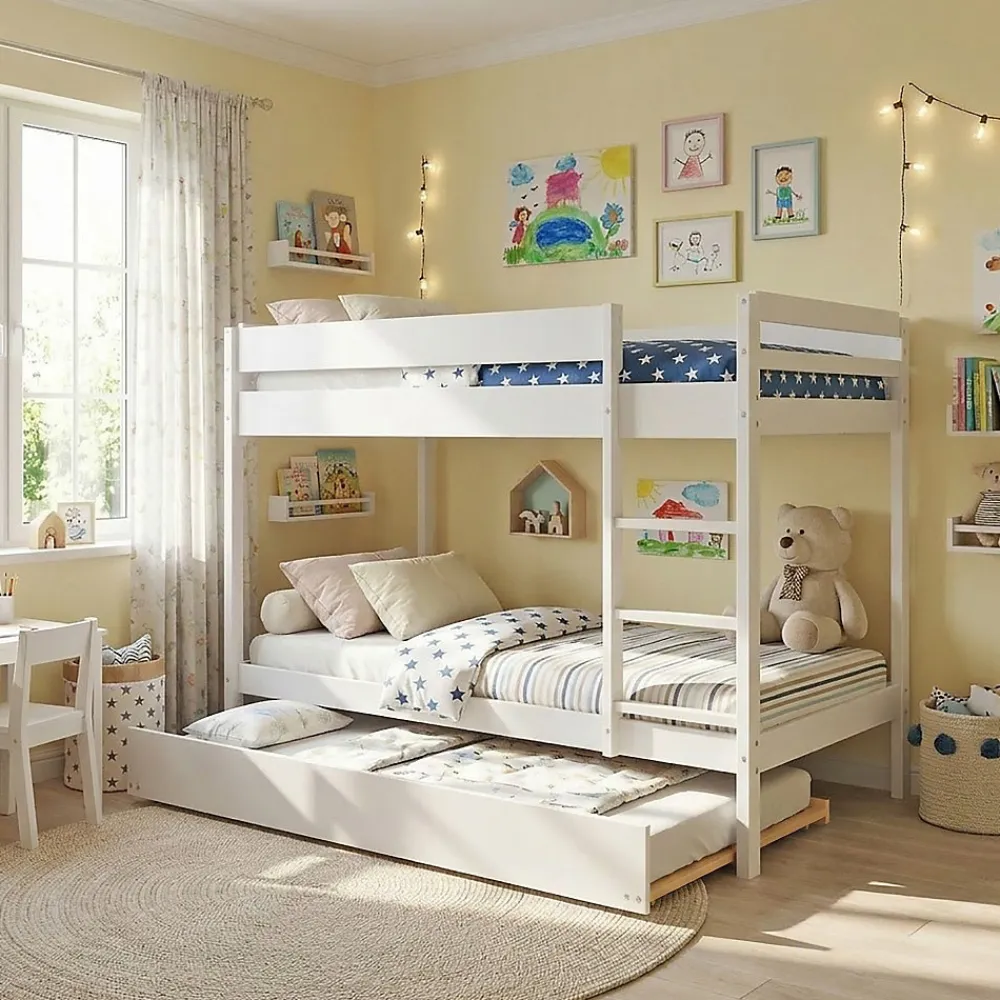 Weber Lit superposé avec tiroir lit - 3 x 90 x 190 cm - Bois Pin massif - Blanc - Sommiers inclus - WALLY*Enfant Lit Enfant
