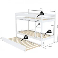 Weber Lit superposé avec tiroir lit - 3 x 90 x 190 cm - Bois Pin massif - Blanc - Sommiers inclus - WALLY*Enfant Lit Enfant