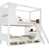 Lit superposé barrières sécurité bureau intégré meuble chaussures 4 compartiments échelle 3 niveaux pin MDF blanc 90x200>Redom Outlet
