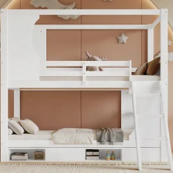 Lit superposé barrières sécurité bureau intégré meuble chaussures 4 compartiments échelle 3 niveaux pin MDF blanc 90x200><noscript><img width=