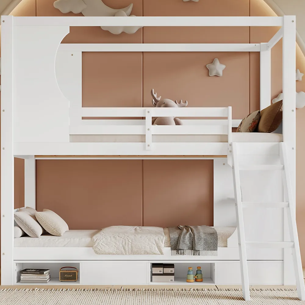 Lit superposé barrières sécurité bureau intégré meuble chaussures 4 compartiments échelle 3 niveaux pin MDF blanc 90x200>Redom Outlet