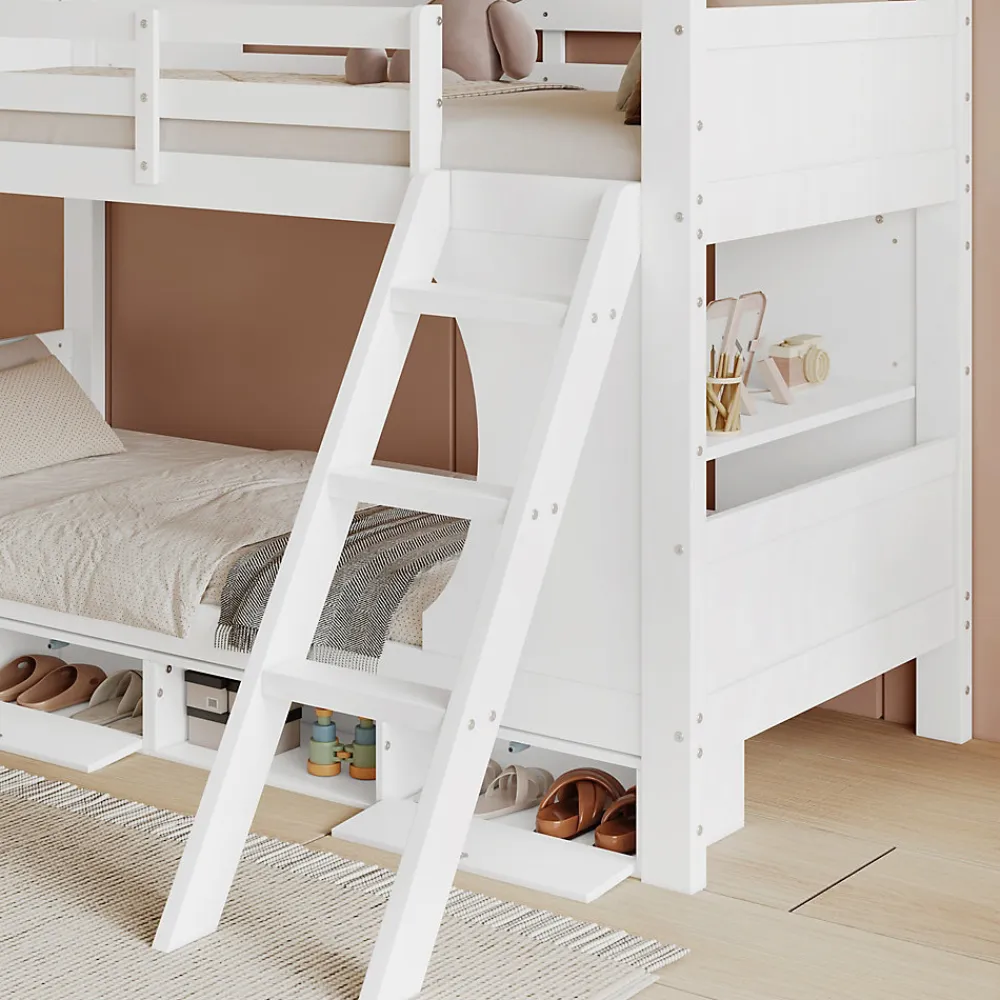 Lit superposé barrières sécurité bureau intégré meuble chaussures 4 compartiments échelle 3 niveaux pin MDF blanc 90x200>Redom Outlet