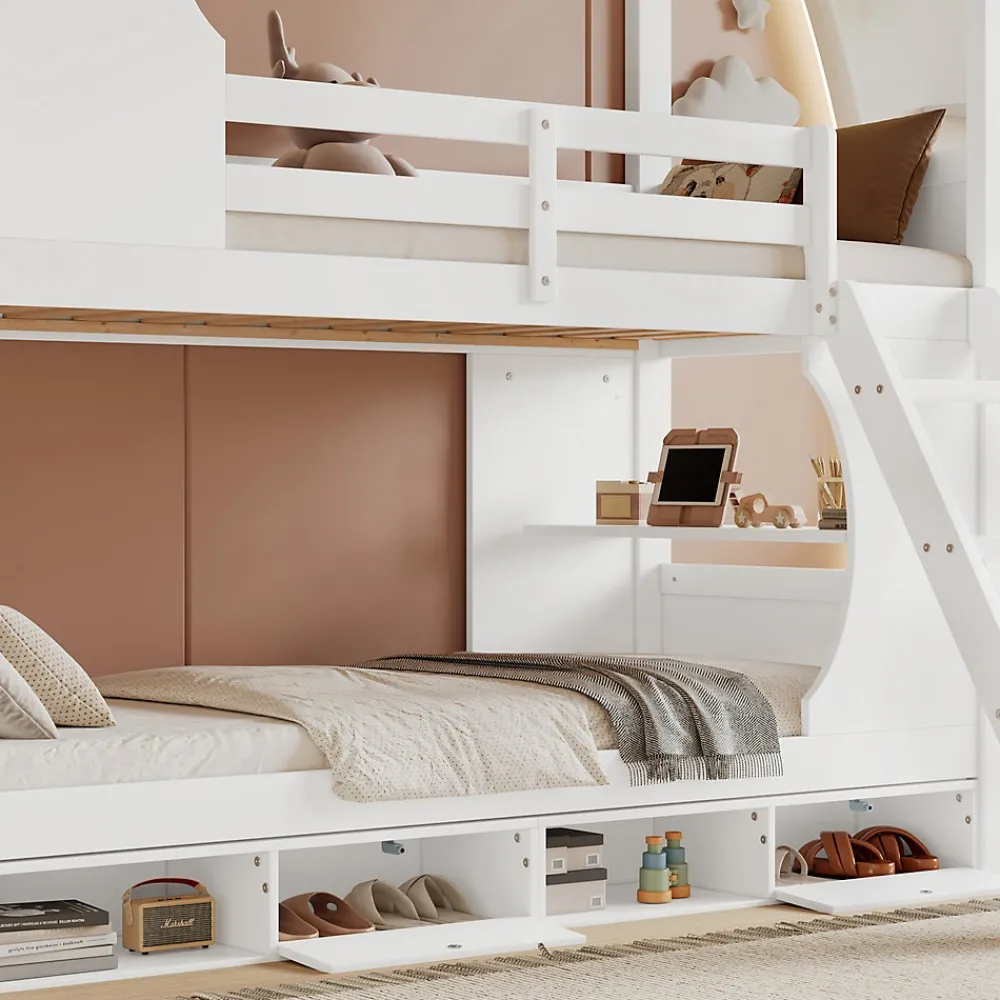 Lit superposé barrières sécurité bureau intégré meuble chaussures 4 compartiments échelle 3 niveaux pin MDF blanc 90x200>Redom Outlet