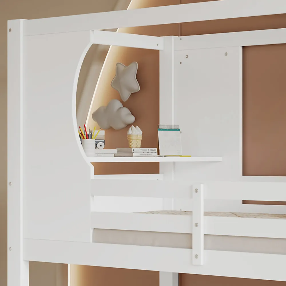 Lit superposé barrières sécurité bureau intégré meuble chaussures 4 compartiments échelle 3 niveaux pin MDF blanc 90x200>Redom Outlet
