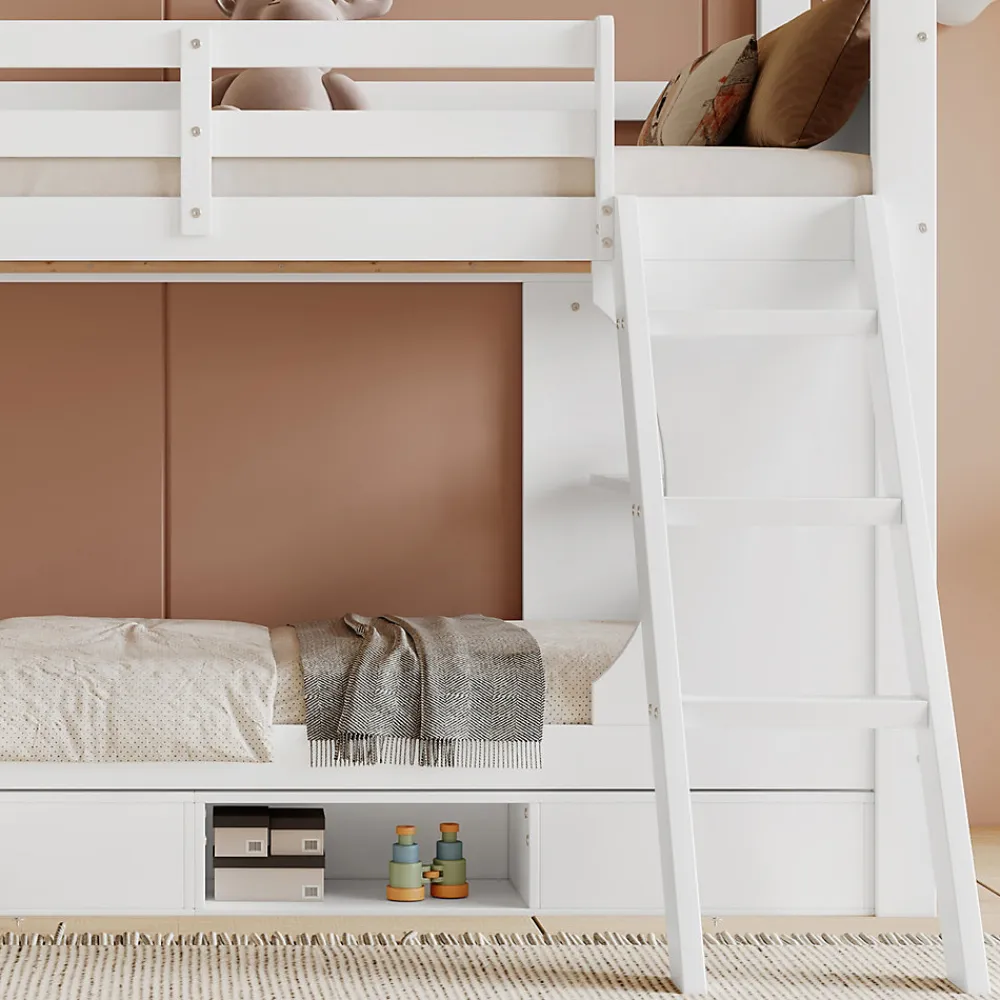 Lit superposé barrières sécurité bureau intégré meuble chaussures 4 compartiments échelle 3 niveaux pin MDF blanc 90x200>Redom Outlet