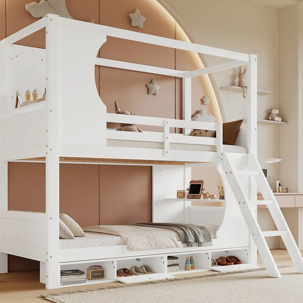 Lit superposé barrières sécurité bureau intégré meuble chaussures 4 compartiments échelle 3 niveaux pin MDF blanc 90x200>Redom Outlet