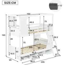 Lit superposé barrières sécurité bureau intégré meuble chaussures 4 compartiments échelle 3 niveaux pin MDF blanc 90x200><noscript><img width=