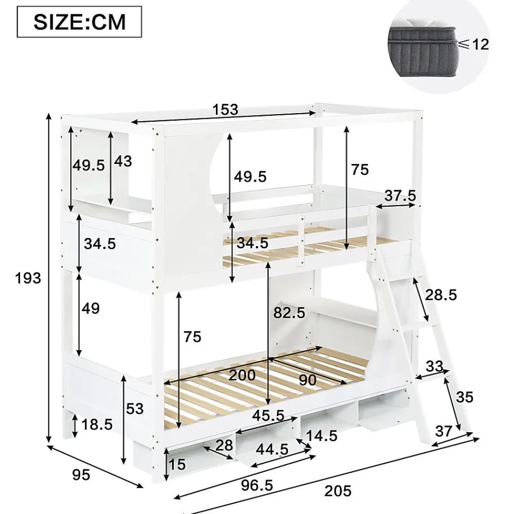Lit superposé barrières sécurité bureau intégré meuble chaussures 4 compartiments échelle 3 niveaux pin MDF blanc 90x200>Redom Outlet