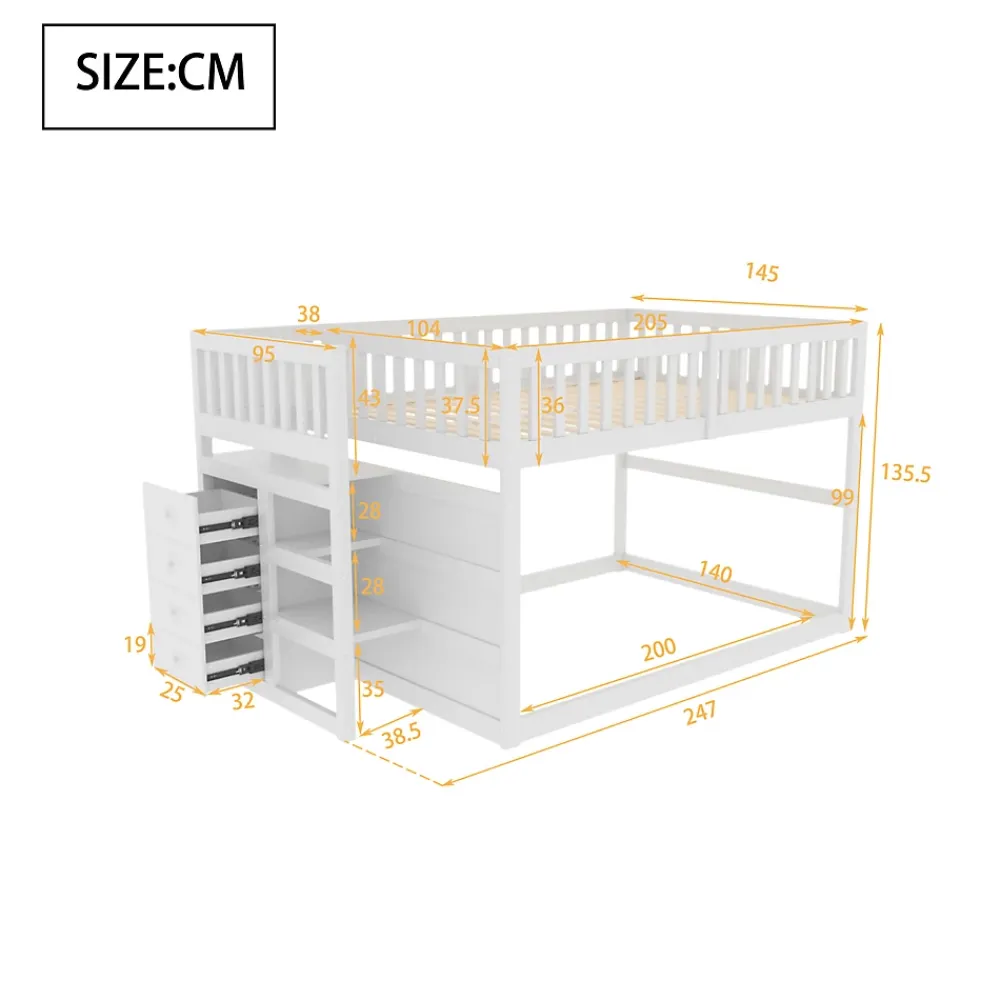 ProximaX Lit superposé bas Lit enfant 140 x 200 cm en bois avec compartiments de rangement ouverts et clôture, blanc*Enfant Lit Enfant