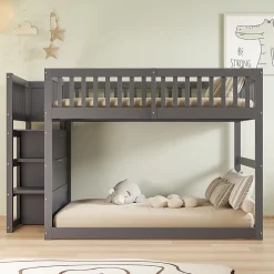 ProximaX Lit superposé bas Lit enfant 140 x 200 cm en bois avec compartiments de rangement ouverts et clôture, gris*Enfant Lit Enfant