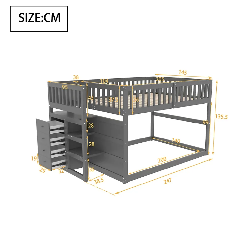 ProximaX Lit superposé bas Lit enfant 140 x 200 cm en bois avec compartiments de rangement ouverts et clôture, gris*Enfant Lit Enfant