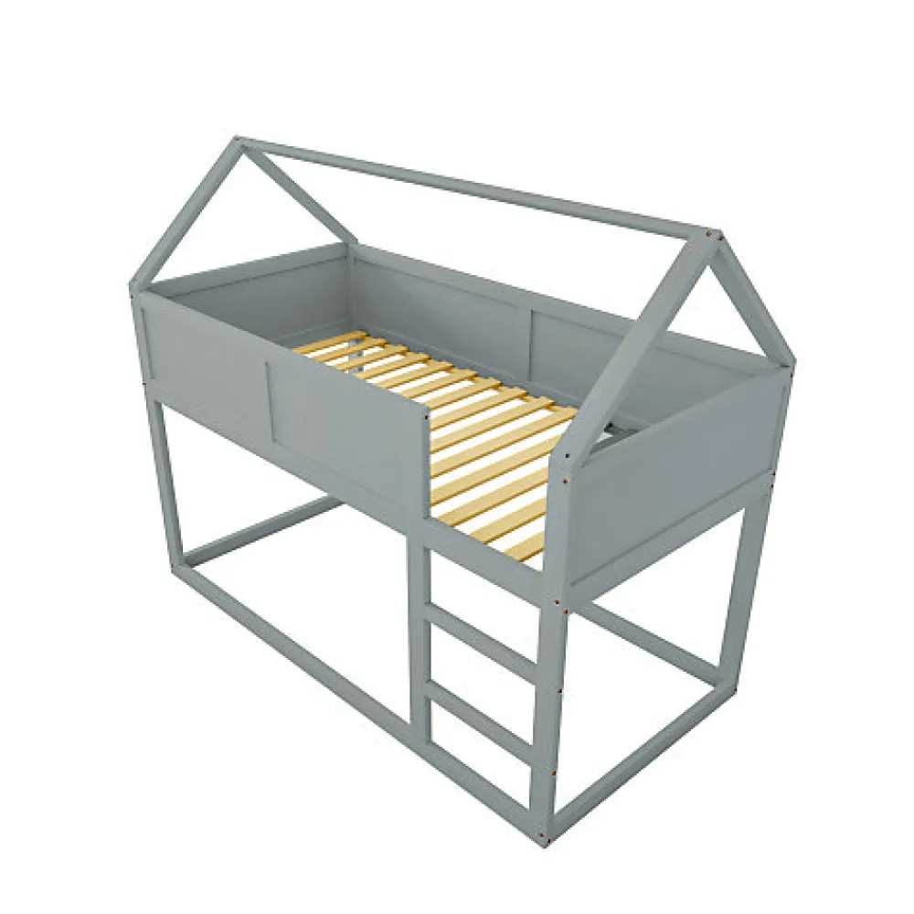 Lit superposé bas 90x200 cm en bois massif avec échelle pour enfant coloris gris>Aapaas Best