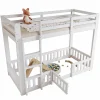Lit superposé bois pin LVL escalier droit rambarde porte protection anti-chute espace modulable sous lit blanc 90x200cm>Redom Outlet