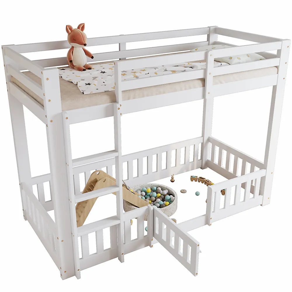 Lit superposé bois pin LVL escalier droit rambarde porte protection anti-chute espace modulable sous lit blanc 90x200cm>Redom Outlet