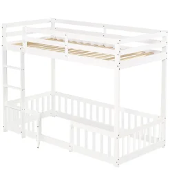 Lit superposé bois pin LVL escalier droit rambarde porte protection anti-chute espace modulable sous lit blanc 90x200cm><noscript><img width=