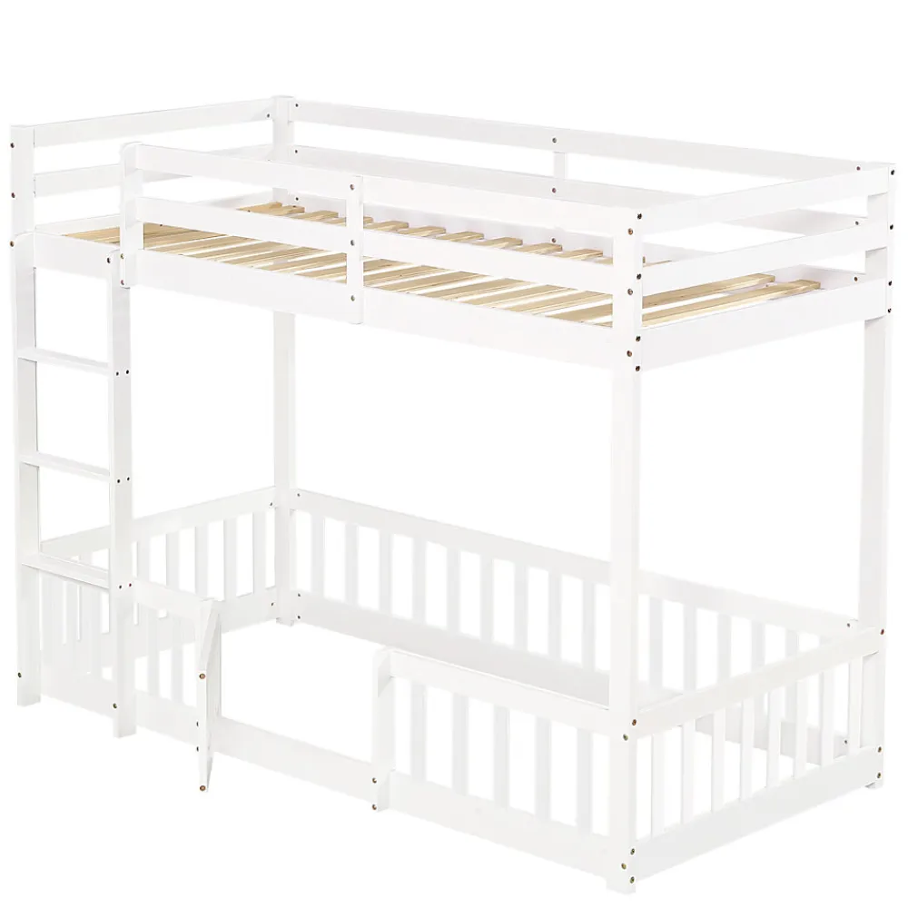Lit superposé bois pin LVL escalier droit rambarde porte protection anti-chute espace modulable sous lit blanc 90x200cm>Redom Outlet