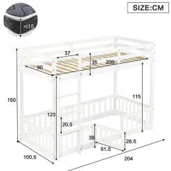 Lit superposé bois pin LVL escalier droit rambarde porte protection anti-chute espace modulable sous lit blanc 90x200cm><noscript><img width=