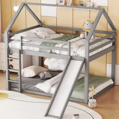 Lit superposé cabane 140x200 cm gris avec toboggan et échelle, design ludique et moderne pour chambre>ProximaX Sale