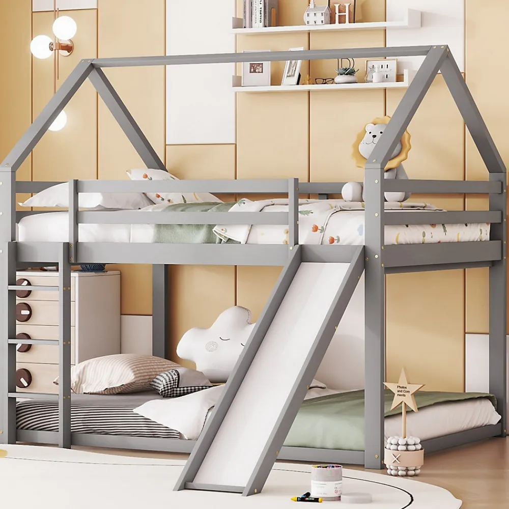 Lit superposé cabane 140x200 cm gris avec toboggan et échelle, design ludique et moderne pour chambre>ProximaX Sale