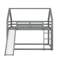 Lit superposé cabane 140x200 cm gris avec toboggan et échelle, design ludique et moderne pour chambre><noscript><img width=