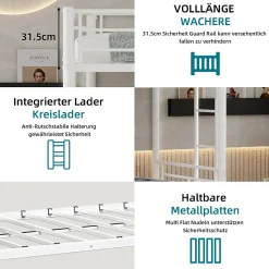 Okwish Lit Superposé Convertible 90x190 cm - Lit Enfant avec Échelle et Garde-Corps Silencieux , Fer - Sans Matelas - Blanc*Enfant Lit Enfant