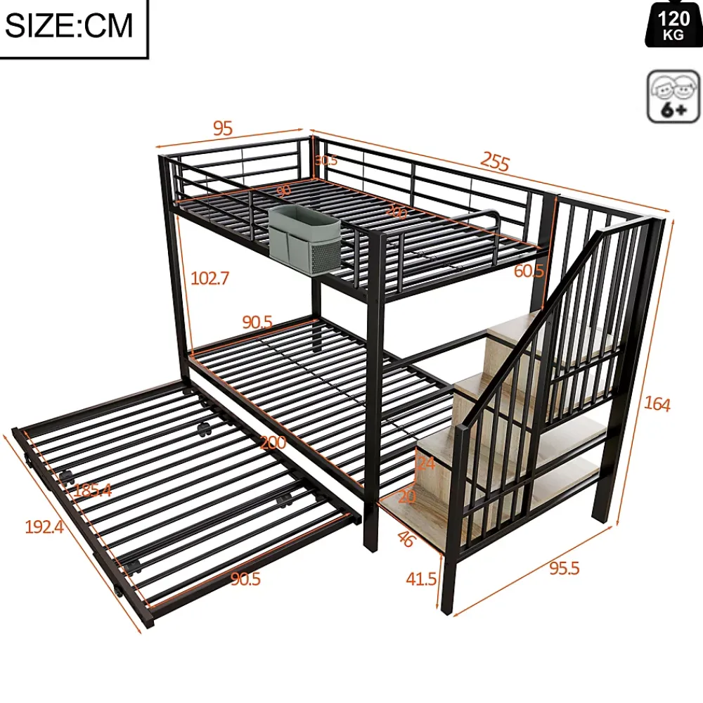 Seyakany Lit superposé en fer 90 x 200 cm et 180 x 200 cm, lit gigogne multifonctionnel, sac en tissu, escaliers de rangement, noir*Enfant Lit Enfant