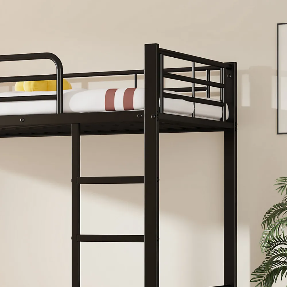 Lit superposé en métal, adapté enfants et ados, avec lit gigogne, 4 barrières, noir, 90x200cm, 90x190cm>Simple Life Discount