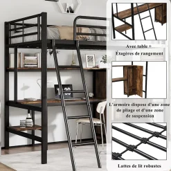 Simple Life Lit superposé en métal avec bureau et armoire, étagères, échelle 4 marches, noir, 90x200cm*Enfant Lit Enfant