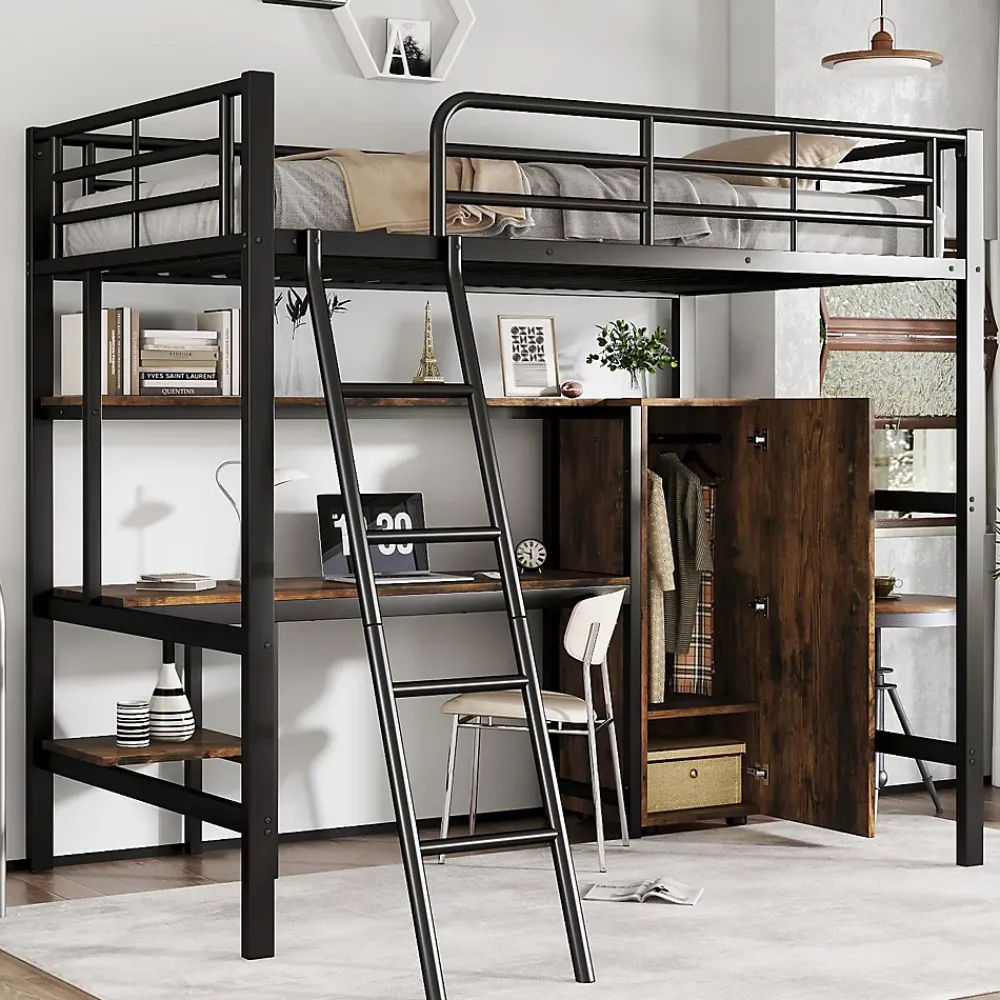 Simple Life Lit superposé en métal avec bureau et armoire, étagères, échelle 4 marches, noir, 90x200cm*Enfant Lit Enfant