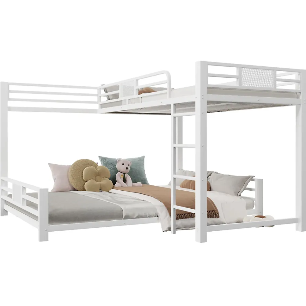 ModernLuxe Lit superposé en métal en forme de L - 90x200cm + 140x200 cm - Barrières de sécurité et échelle - Métal - Blanc (sans matelas)*Enfant Lit Enfant