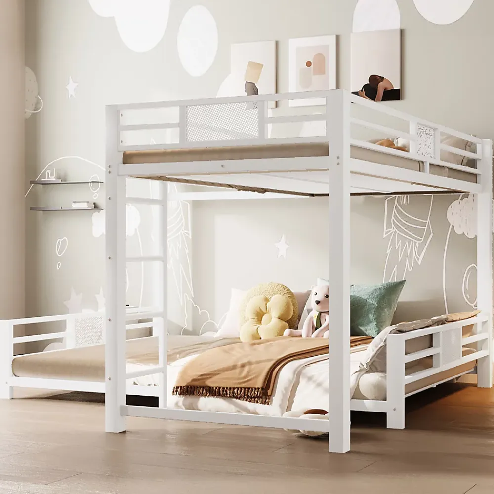ModernLuxe Lit superposé en métal en forme de L - 90x200cm + 140x200 cm - Barrières de sécurité et échelle - Métal - Blanc (sans matelas)*Enfant Lit Enfant