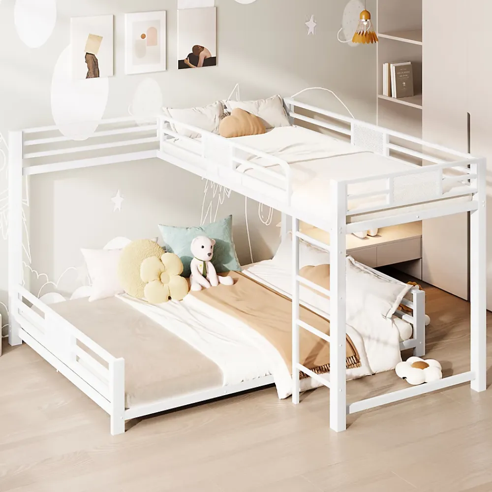 ModernLuxe Lit superposé en métal en forme de L - 90x200cm + 140x200 cm - Barrières de sécurité et échelle - Métal - Blanc (sans matelas)*Enfant Lit Enfant