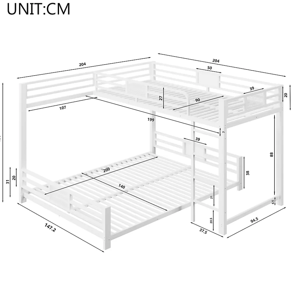 ModernLuxe Lit superposé en métal en forme de L - 90x200cm + 140x200 cm - Barrières de sécurité et échelle - Métal - Blanc (sans matelas)*Enfant Lit Enfant