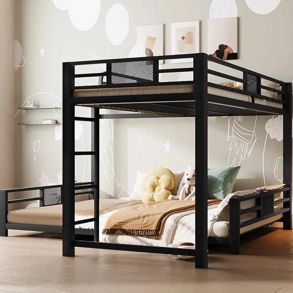 Lit superposé en métal en forme de L - 90x200cm + 140x200 cm - Barrières de sécurité et échelle - Métal - Noir (sans matelas)>ModernLuxe Hot