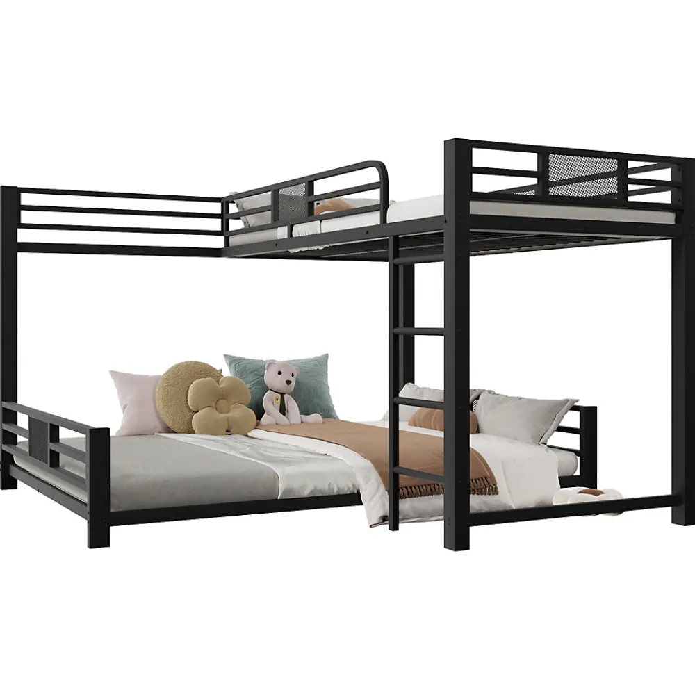 Lit superposé en métal en forme de L - 90x200cm + 140x200 cm - Barrières de sécurité et échelle - Métal - Noir (sans matelas)>ModernLuxe Hot