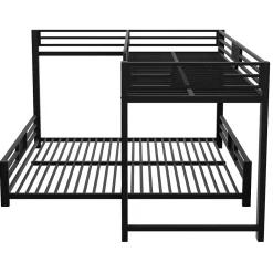 Lit superposé en métal en forme de L - 90x200cm + 140x200 cm - Barrières de sécurité et échelle - Métal - Noir (sans matelas)><noscript><img width=
