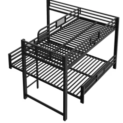 Lit superposé en métal en forme de L - 90x200cm + 140x200 cm - Barrières de sécurité et échelle - Métal - Noir (sans matelas)><noscript><img width=