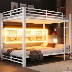 Lit superposé en métal 140x200 cm - Avec placards de rangement et LED - 6 compartiments de rangement - Blanc (sans matelas)>ModernLuxe New