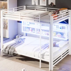 Lit superposé en métal 140x200 cm - Avec placards de rangement et LED - 6 compartiments de rangement - Blanc (sans matelas)><noscript><img width=