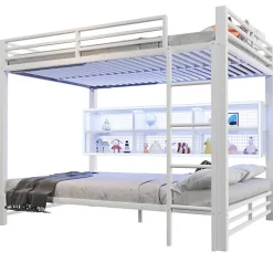 Lit superposé en métal 140x200 cm - Avec placards de rangement et LED - 6 compartiments de rangement - Blanc (sans matelas)><noscript><img width=