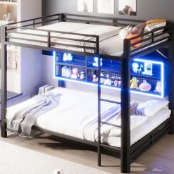 Lit superposé en métal 140x200 cm - Avec placards de rangement et LED - 6 compartiments de rangement - Moir (sans matelas)>ModernLuxe Best