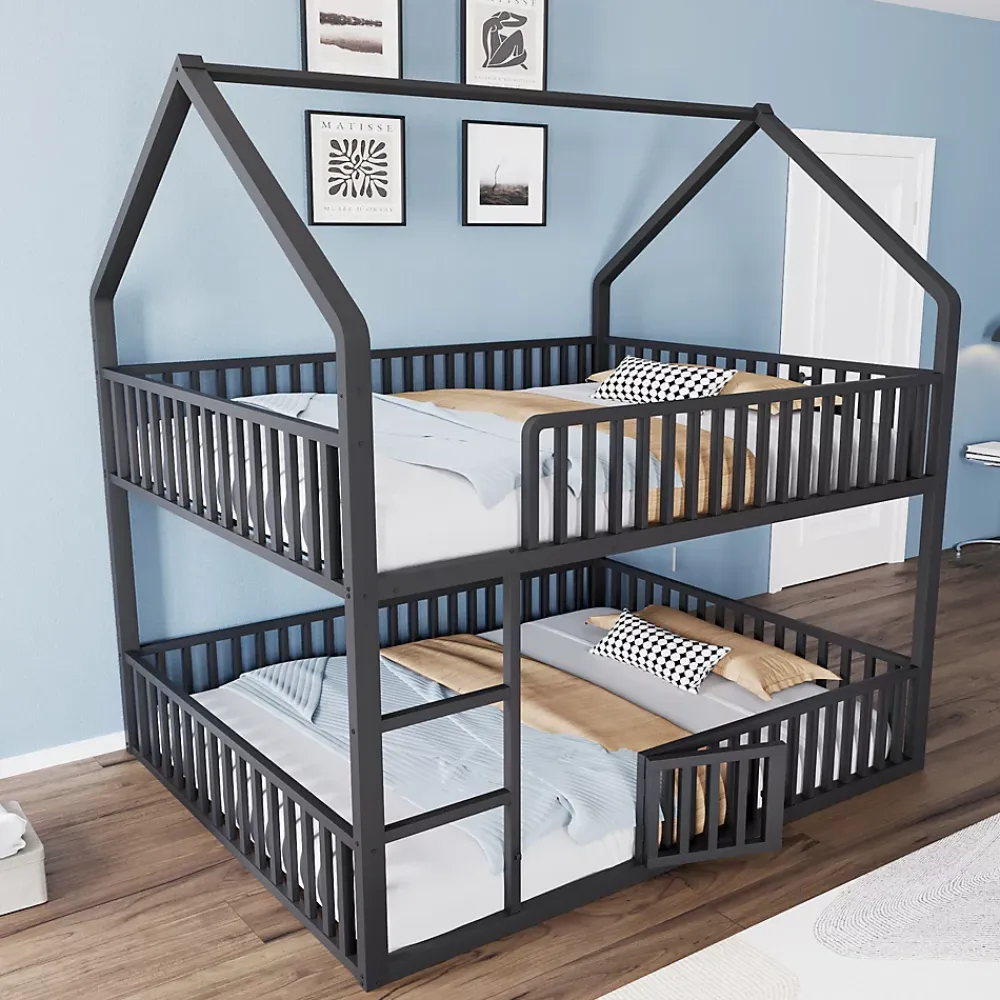 Redom Lit superposé enfant 140 par 200 métal lit double familial mezzanine avec échelle porte ouvrante lit inférieur noir*Enfant Lit Enfant