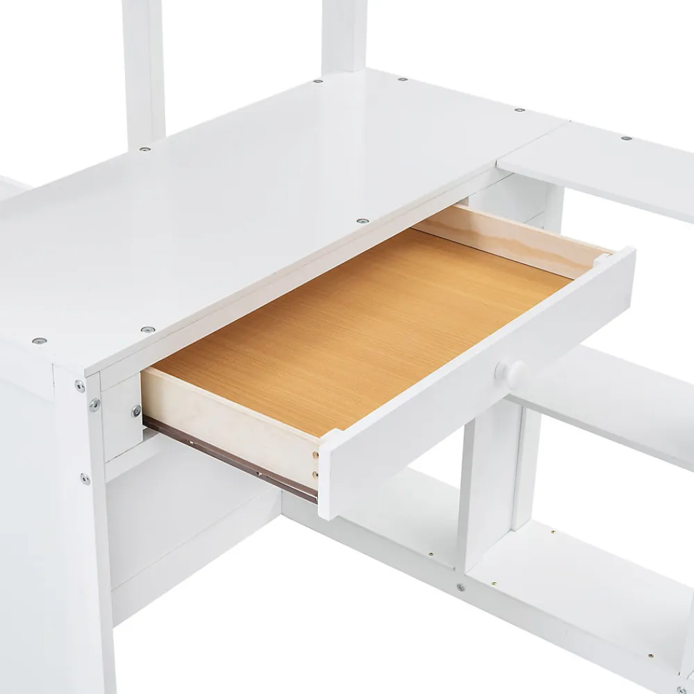 Lit superposé enfant, échelle à 3 marches, 2 tiroirs, bureau, garde-corps, lattes solides, MDF pin, blanc, 90x200cm>Simple Life Discount