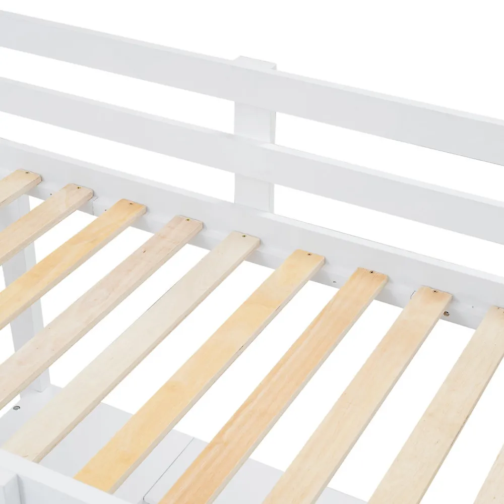 Lit superposé enfant, échelle à 3 marches, 2 tiroirs, bureau, garde-corps, lattes solides, MDF pin, blanc, 90x200cm>Simple Life Discount