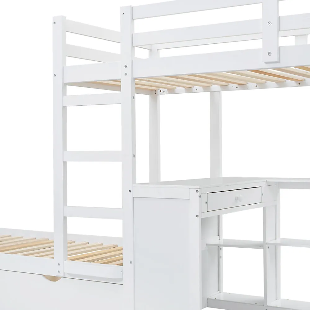 Lit superposé enfant, échelle à 3 marches, 2 tiroirs, bureau, garde-corps, lattes solides, MDF pin, blanc, 90x200cm>Simple Life Discount
