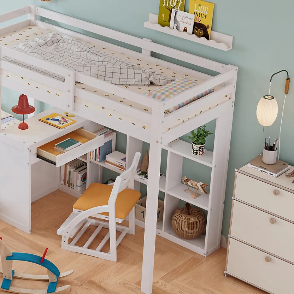 Lit superposé enfant, échelle à 3 marches, 2 tiroirs, bureau, garde-corps, lattes solides, MDF pin, blanc, 90x200cm>Simple Life Discount