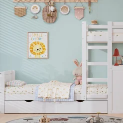 Lit superposé enfant, échelle à 3 marches, 2 tiroirs, bureau, garde-corps, lattes solides, MDF pin, blanc, 90x200cm><noscript><img width=